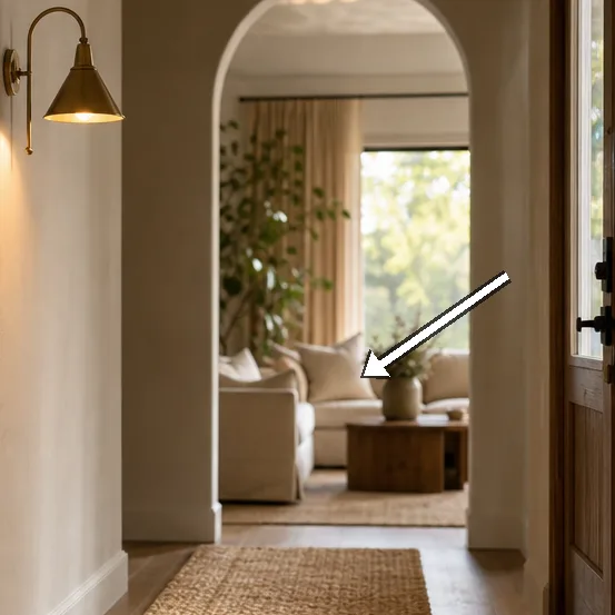 End of entry hall at the living-room arch with softened echoes